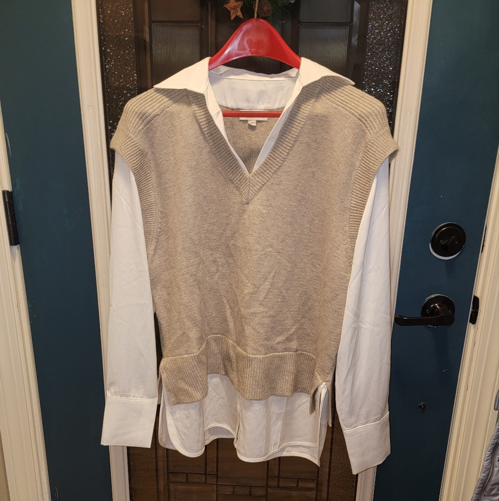 Chic Beige Knit Vest with White Satin Shirt